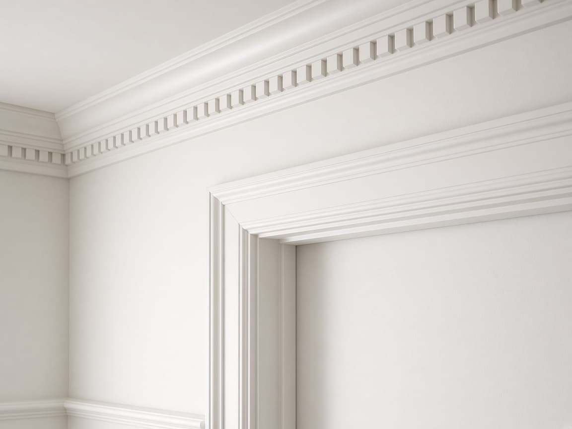 Crisp white crown molding and door casing in a finished interior