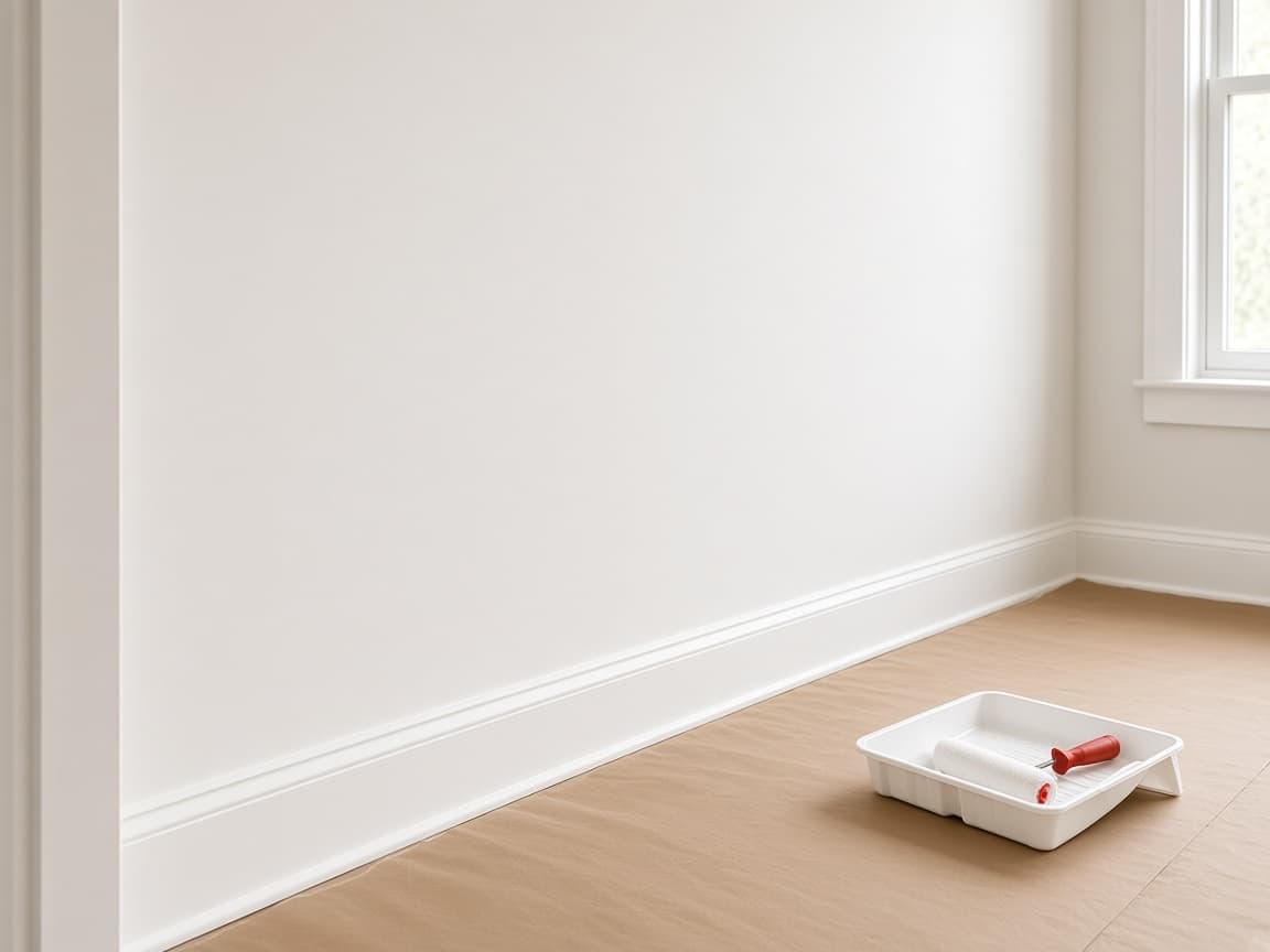 Freshly painted white interior wall with clean baseboard